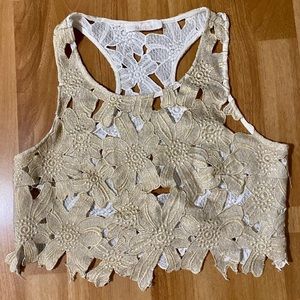 Kaitlyn Gold Laced Floral Embroidered Crop Top